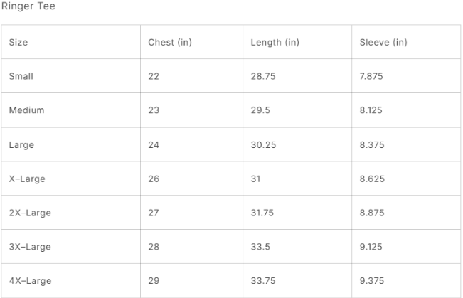 Size Guide Tees Size Guide Tees